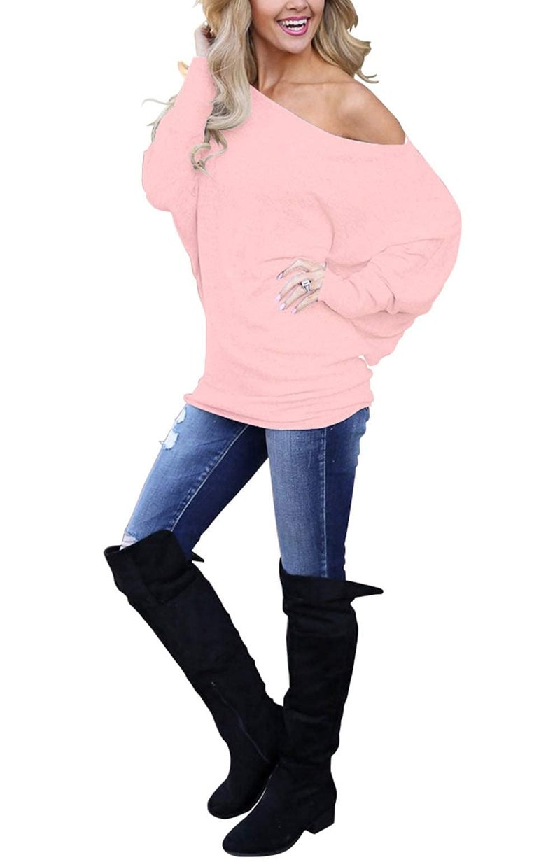 Lacozy Women's Off The Shoulder Long Sleeve Tunic Tops Loose Casual Oversized Shirts Blouses Spring Fall Pink L - Image 3